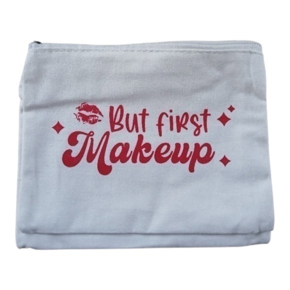 5/$25 NWOT But First Makeup Chic White Pouch with Red Print Cosmetic Bag